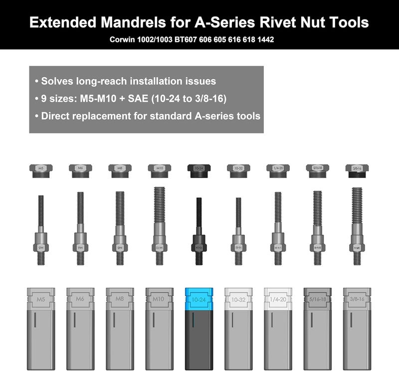 CORWIN Store 10-24 Extended Rivet Nut Gun Mandrels and Nosepiece Set, Specifically Designed for Installing Pre-bulbed Rivet Nuts and Similar Threaded Inserts Multi-Grip - Image 2